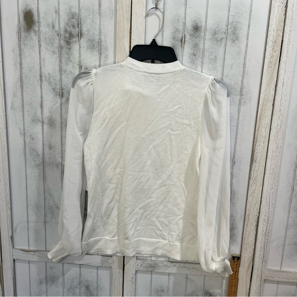 Cece Womens mixed media sweater antic white XXS tie neck essential minimalistic - Picture 4 of 10